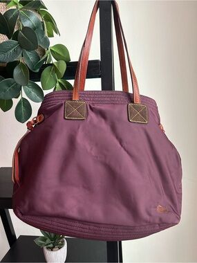 Dooney and Bourke Nylon Burgundy Tote with Brown Leather Straps